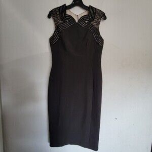 Karen Millen Black Cap Sleeve Striped Floral Lace Sheath Dress Size 8